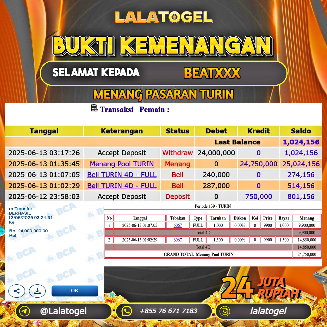 LALATOGEL JACKPOT TOGEL PASARAN TURIN Rp.24.000.000, - LUNAS USER ID : BEATXXX