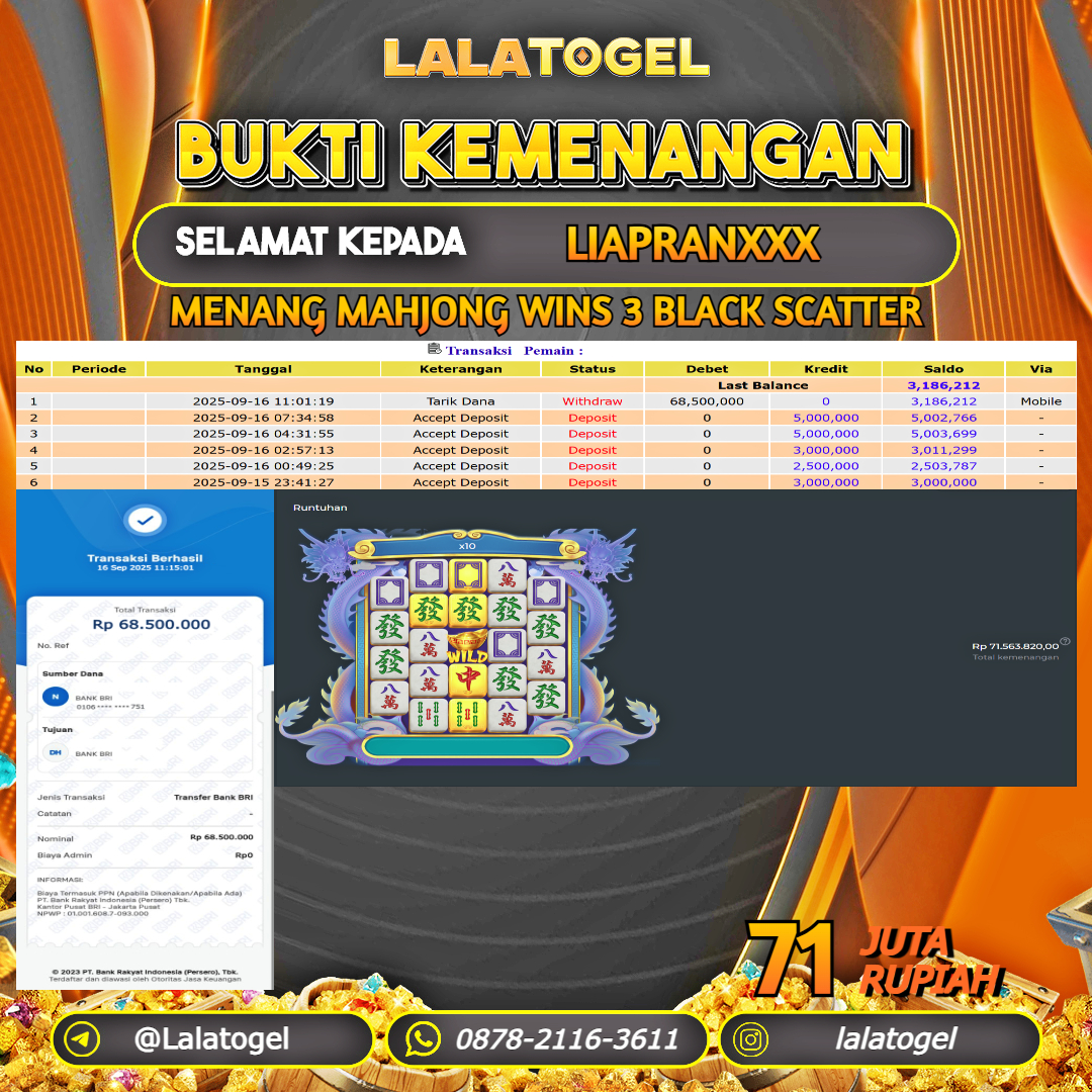 LALATOGEL JACKPOT SLOT MAHJONG WINS 3 BLACK SCATTER Rp.71.000.000, - LUNAS USER  ID : LIAPRANXXX 
