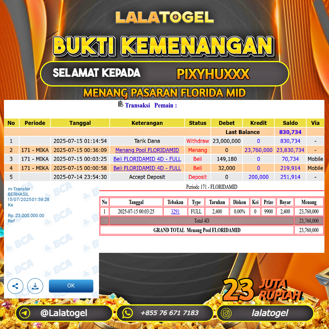 LALATOGEL JACKPOT TOGEL PASARAN FLORIDA MID Rp.23.000.000, - LUNAS USER  ID : PIXYHUXXX 