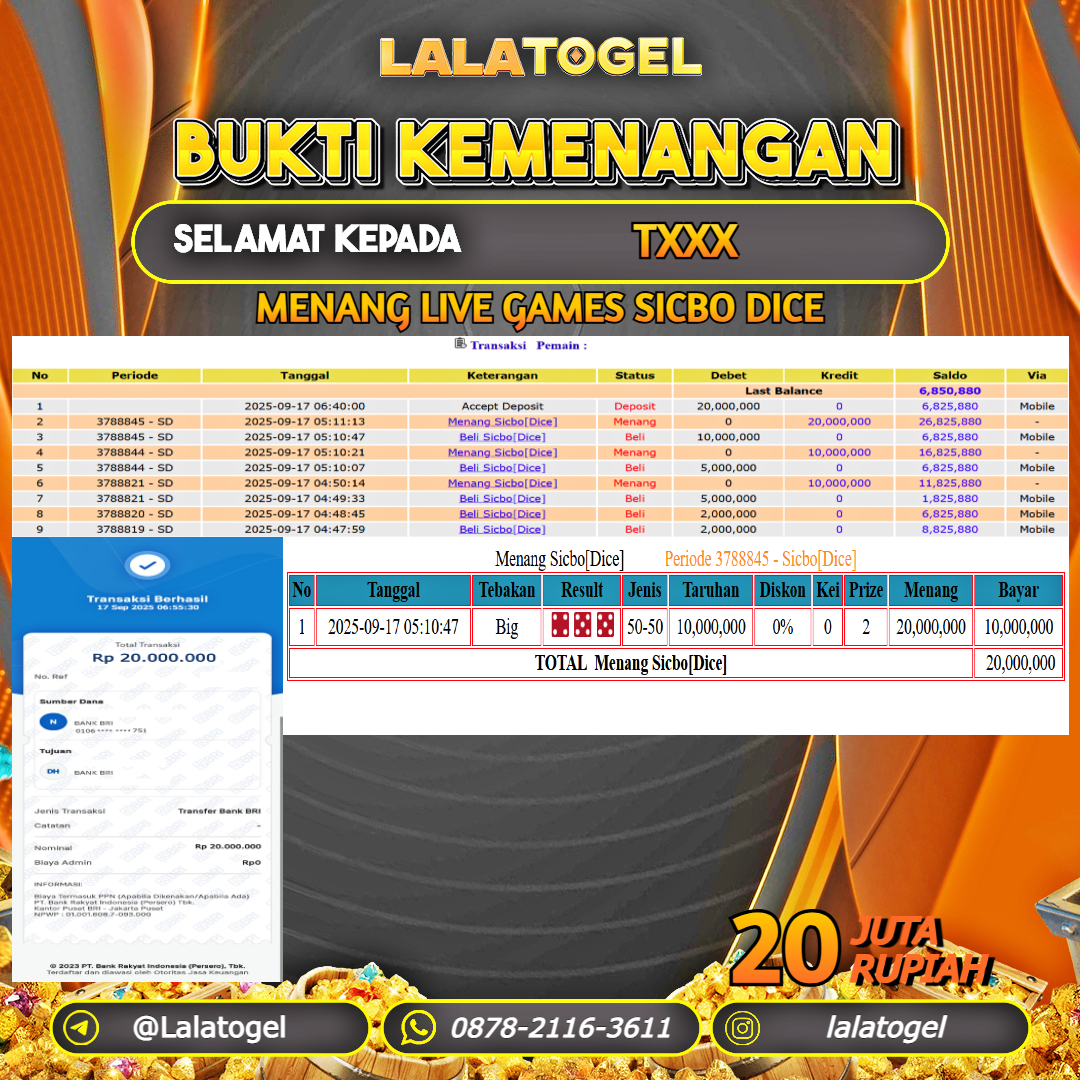 LALATOGEL JACKPOT LIVE GAMES SICBO DICE Rp.20.000.000, - LUNAS USER ID : TXXX  