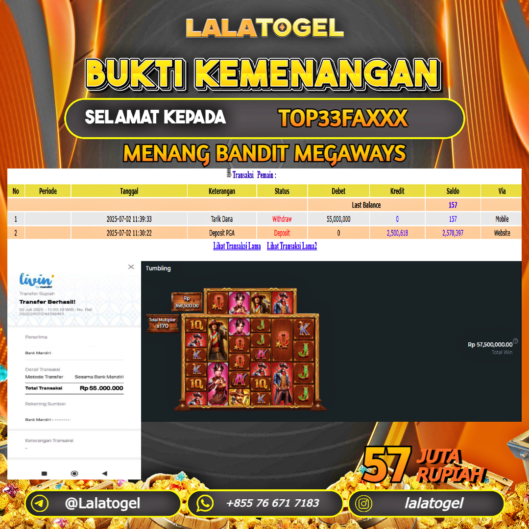 LALATOGEL JACKPOT SLOT BANDIT MEGAWAYS Rp.57.000.000, - LUNAS USER ID : TOP33FAXXX