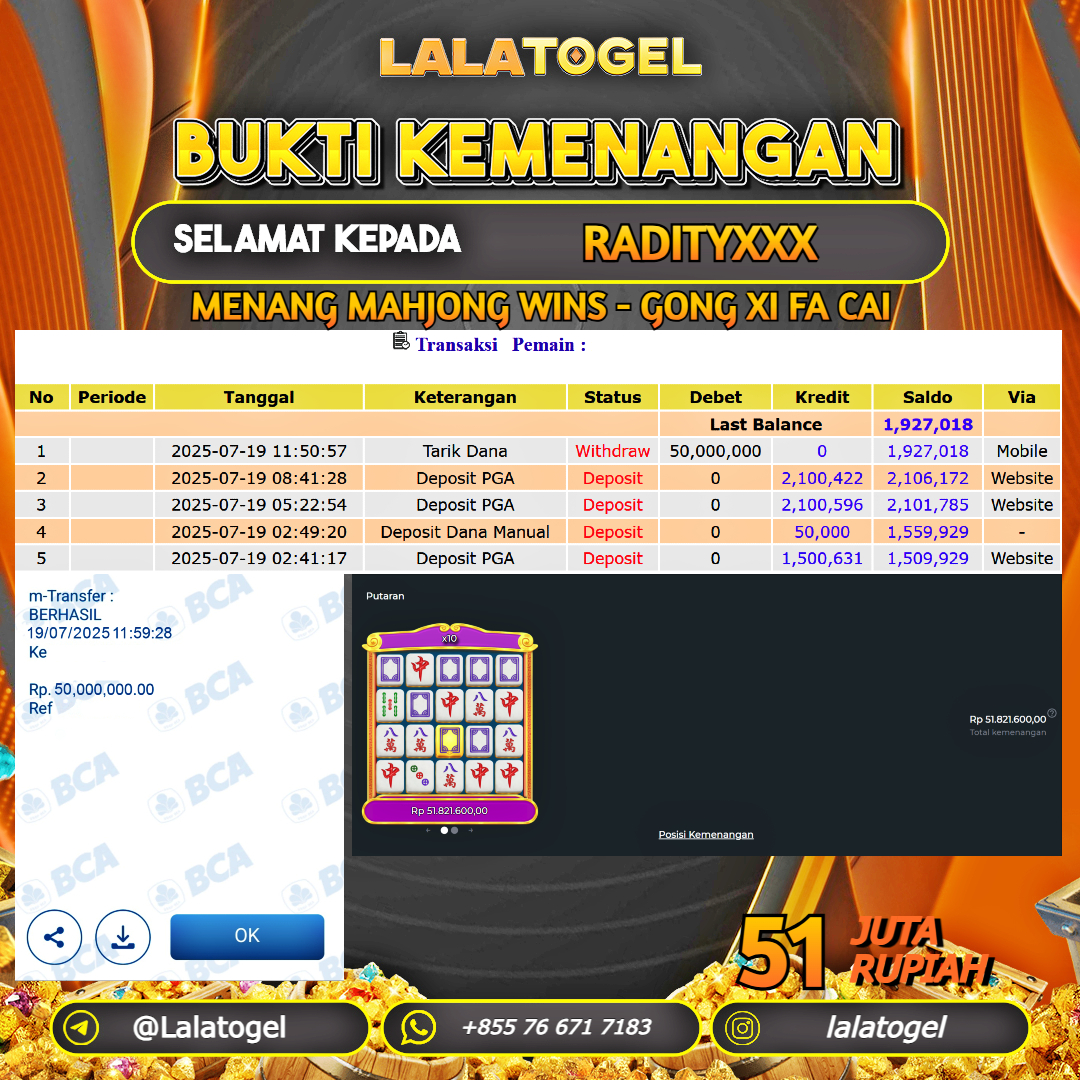 LALATOGEL JACKPOT SLOT MAHJONG WINS - GONG XI FA CAI Rp.51.000.000, - LUNAS USER ID : RADITYXXX
