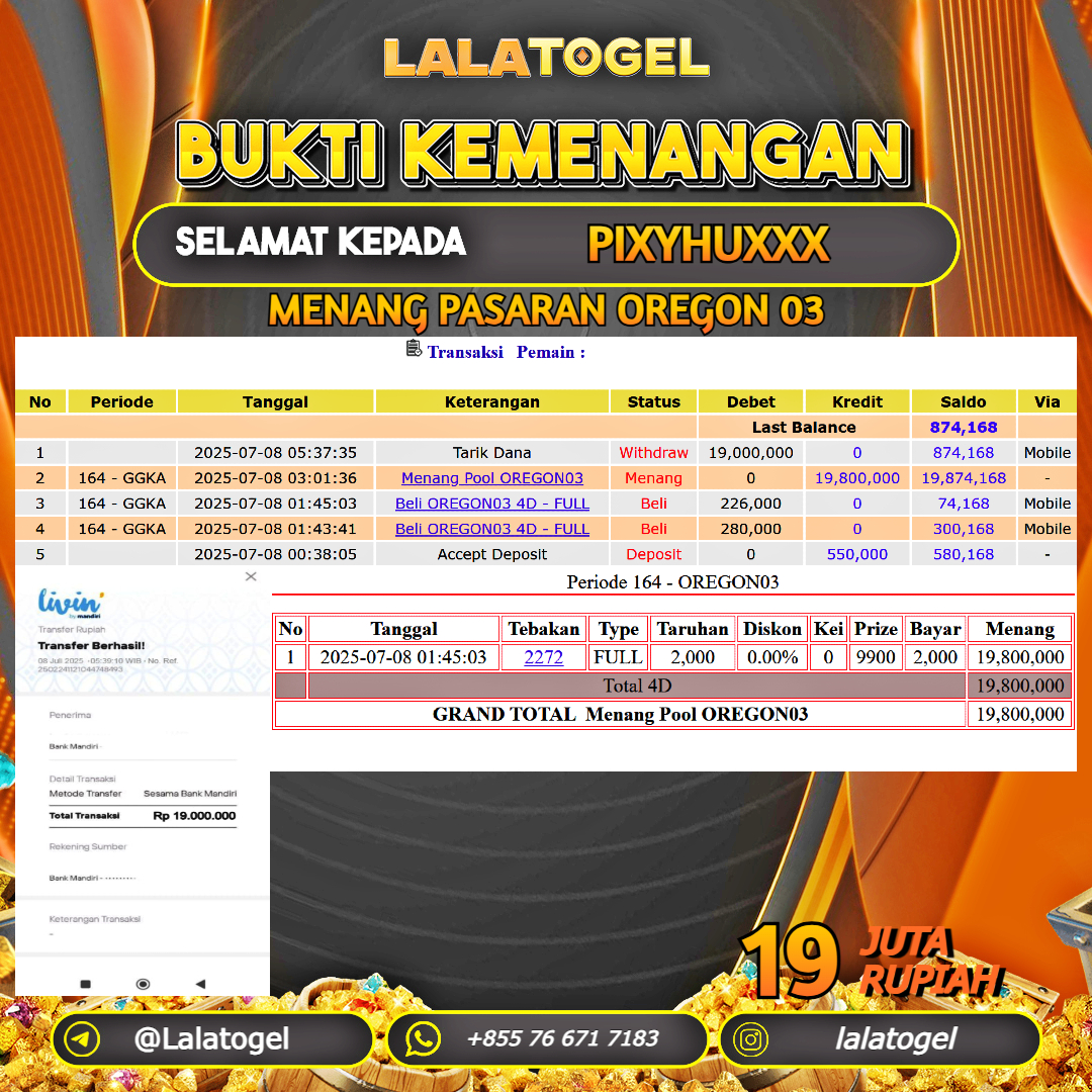 LALATOGEL JACKPOT TOGEL PASARAN OREGON 03 Rp.19.000.000, - LUNAS USER ID : PIXYHUXXX