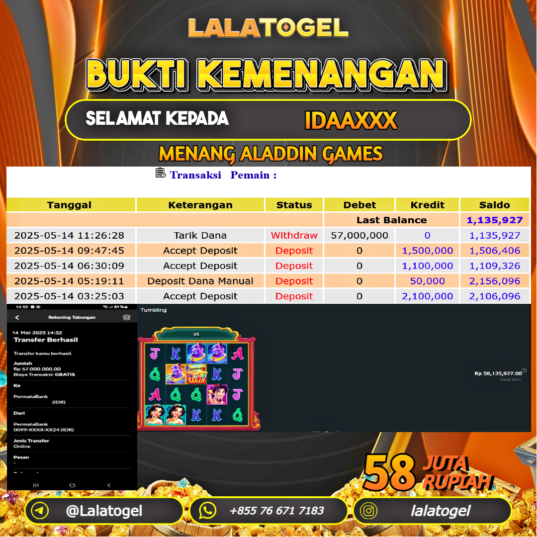LALATOGEL JACKPOT SLOT ALADDIN GAMES Rp.58.000.000, - LUNAS USER ID : IDAAXXX