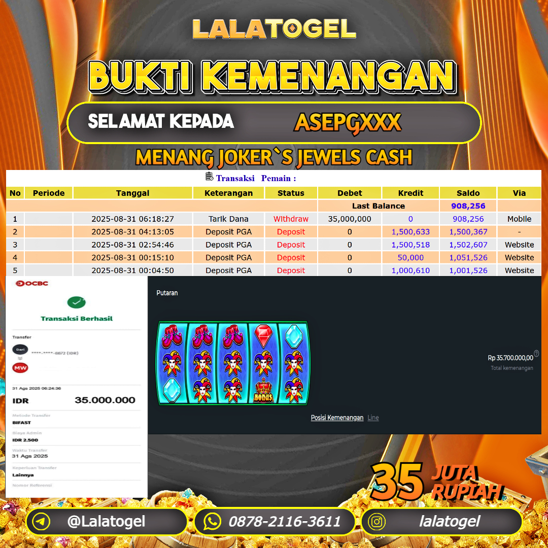 LALATOGEL JACKPOT SLOT JOKER ' S JEWELS CASH Rp.35.000.000, - LUNAS USER ID : ASEPGXXX
