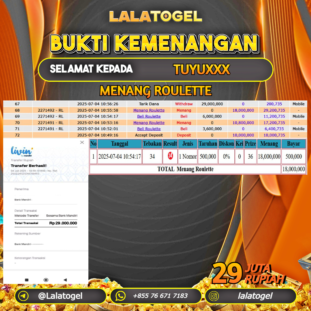 LALATOGEL JACKPOT LIVE GAMES ROULETTE Rp.29.000.000, - LUNAS USER ID : TUYUXXX