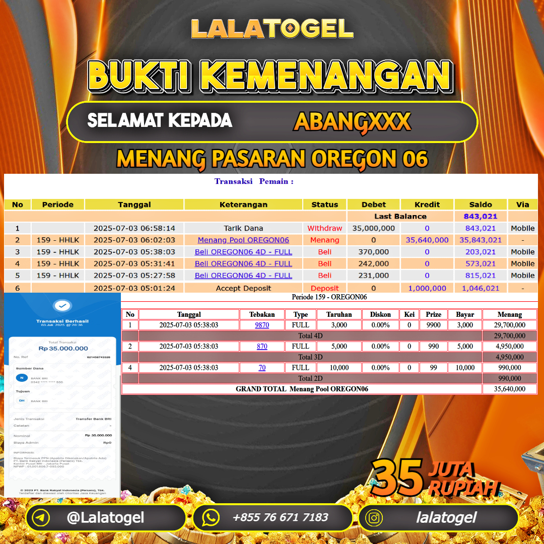 LALATOGEL JACKPOT TOGEL PASARAN OREGON 06 Rp.35.000.000, - LUNAS USER ID : ABANGXXX