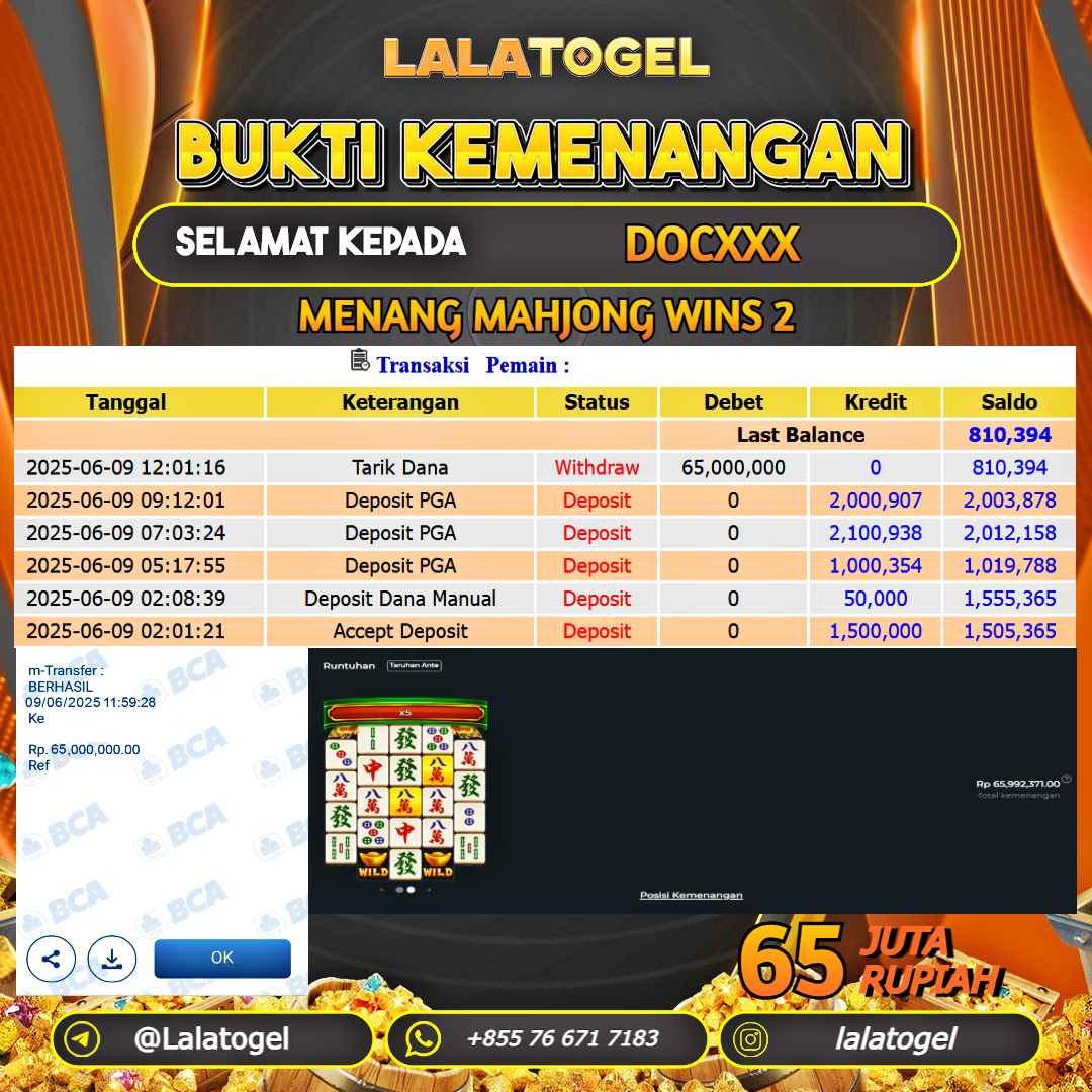 LALATOGEL JACKPOT SLOT MAHJONG WINS 2 Rp.65.000.000, - LUNAS USER ID : DOCXXX