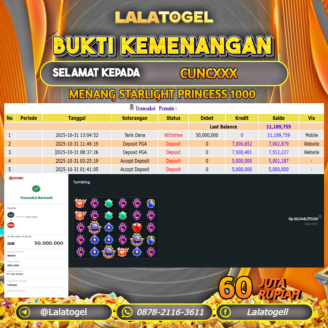 LALATOGEL JACKPOT SLOT STARLIGHT PRINCESS 1000 RP.60.000.000, - LUNAS USER  ID  :  CUNCXXX 