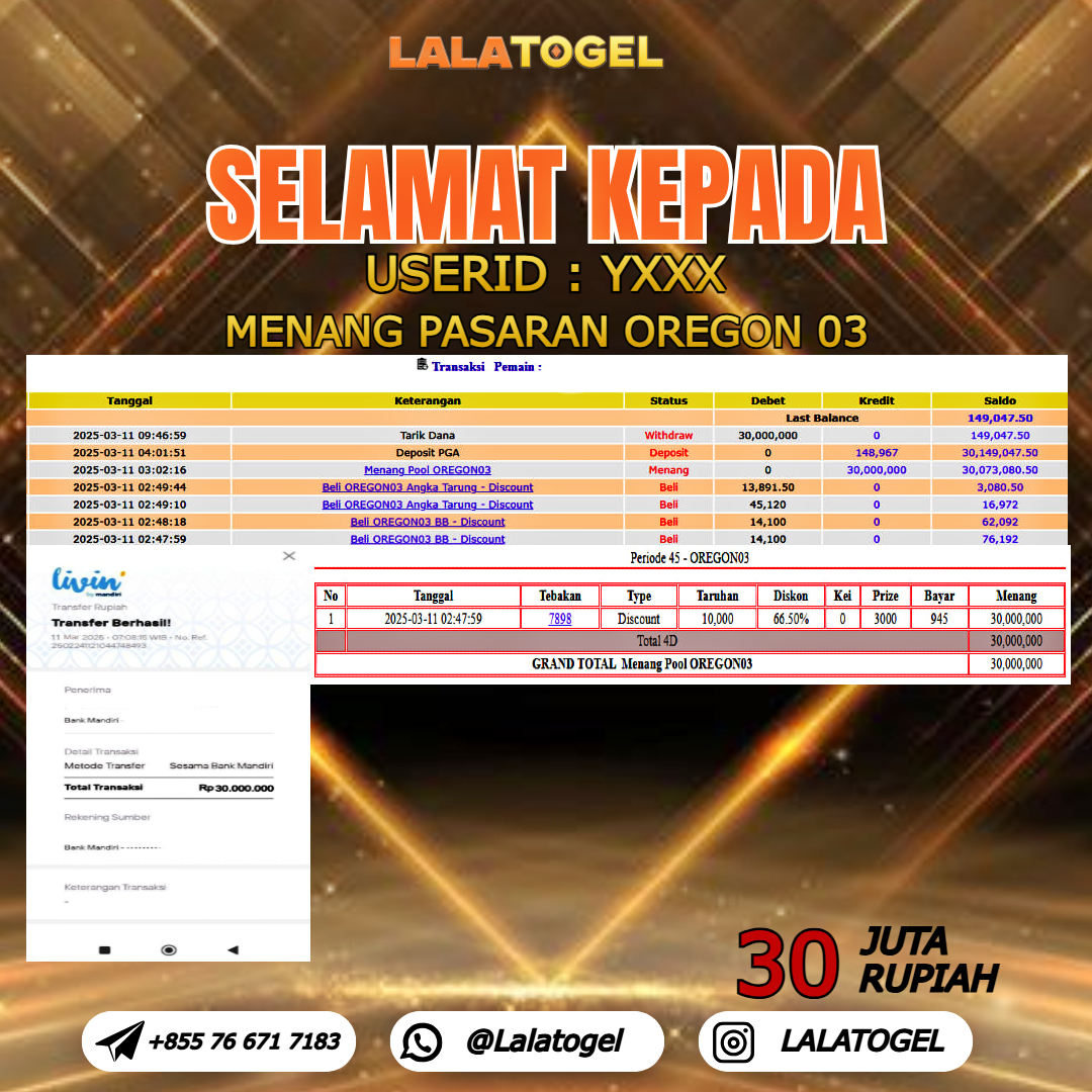 LALATOGEL JACKPOT TOGEL PASARAN OREGON 03 Rp.30.000.000,- LUNAS USER ID :  YXXX 