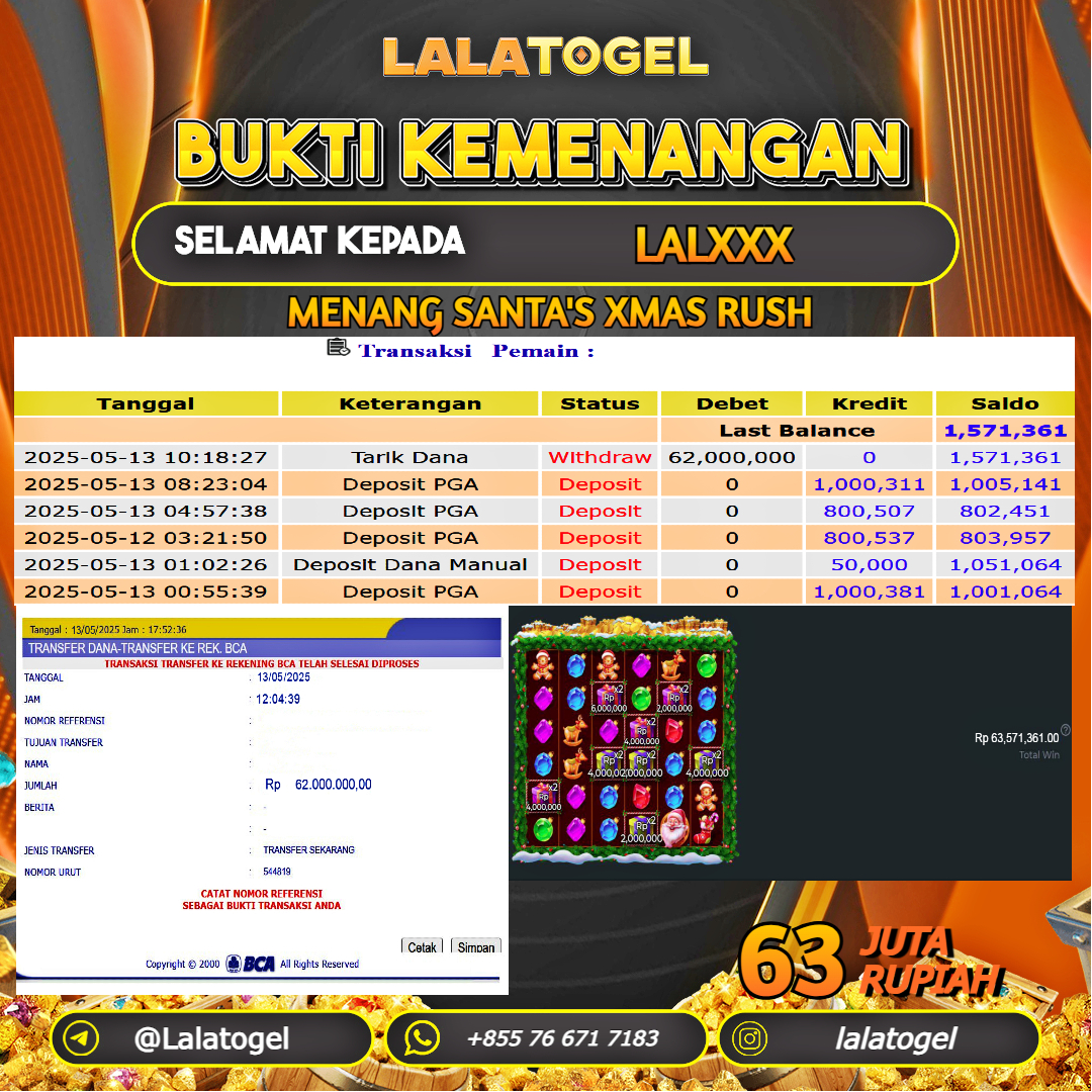 LALATOGEL JACKPOT SLOT SANTA`S XMAS RUSH Rp.63.000.000, - LUNAS USER ID : LALXXX