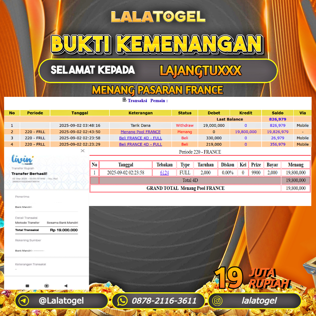 LALATOGEL JACKPOT TOGEL PASARAN FRANCE Rp.19.000.000, - LUNAS USER ID : LAJANGTUXXX