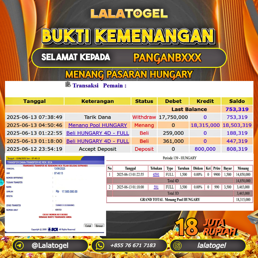 LALATOGEL JACKPOT TOGEL PASARAN HUNGARY Rp.18.000.000, - LUNAS USER ID : PANGANBXXX