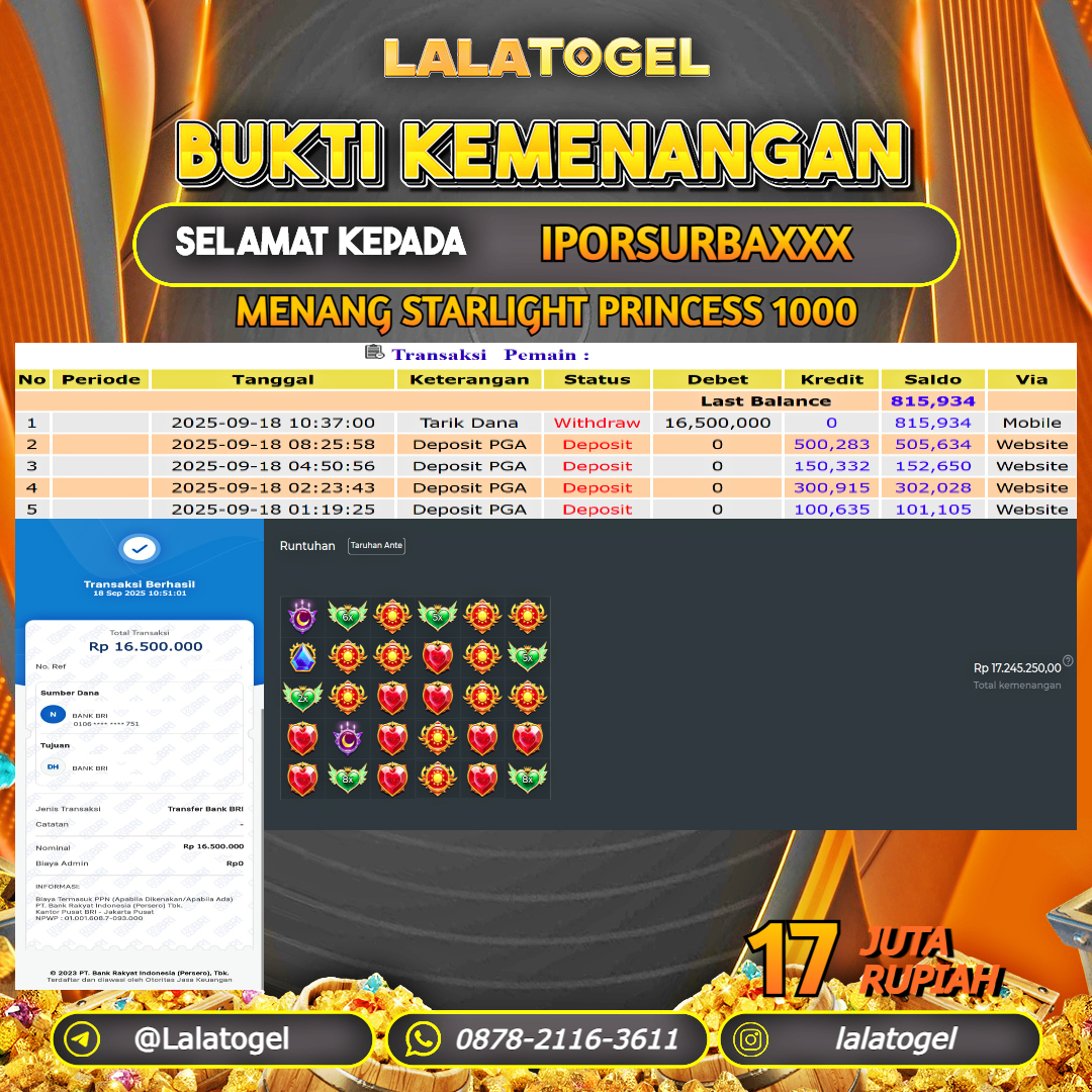 LALATOGEL JACKPOT SLOT STARLIGHT PRINCESS 1000 Rp.17.000.000, - LUNAS USER  ID : IPORSURBAXXX 