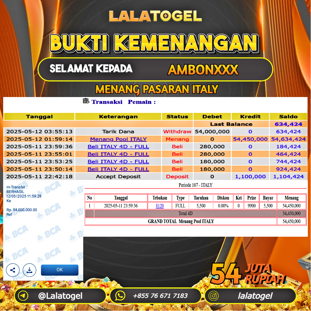 LALATOGEL JACKPOT TOGEL PASARAN ITALY Rp.54.000.000, - LUNAS USER ID : AMBONXXX