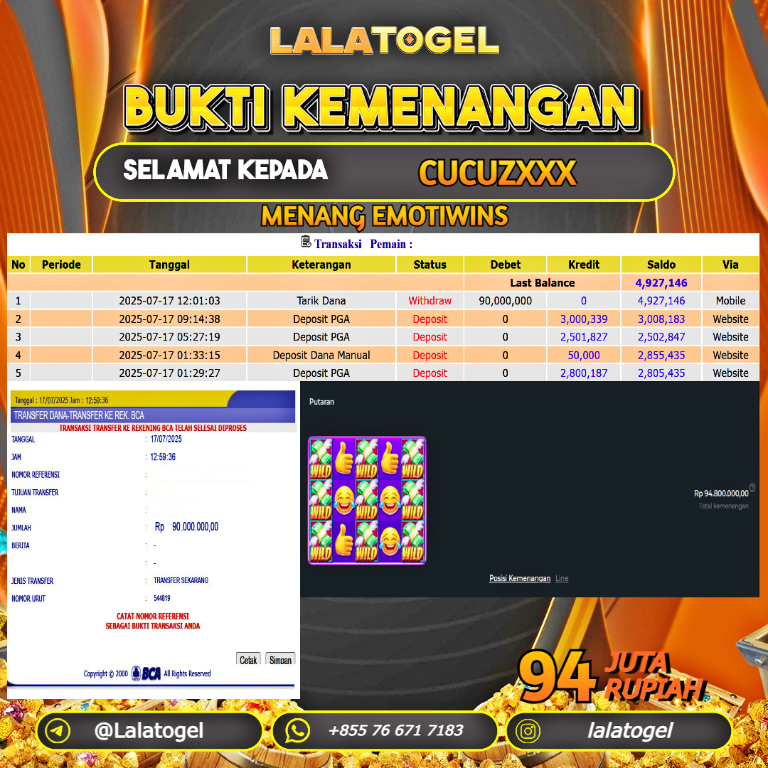 LALATOGEL JACKPOT SLOT EMOTIWINS  Rp.94.000.000, - LUNAS USER  ID :  CUCUZXXX 