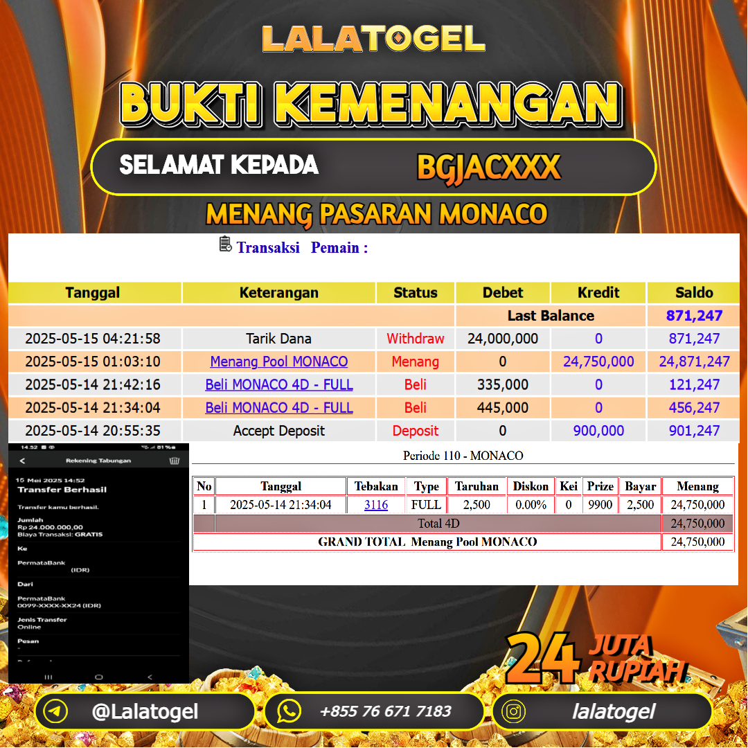 LALATOGEL JACKPOT TOGEL PASARAN MONACO Rp.24.000.000, - LUNAS USER ID : BGJACXXX