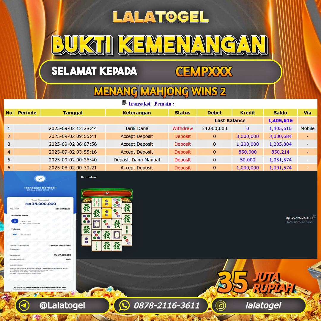 LALATOGEL JACKPOT SLOT MAHJONG WINS 2 Rp.35.000.000, - LUNAS USER ID : CEMPXXX