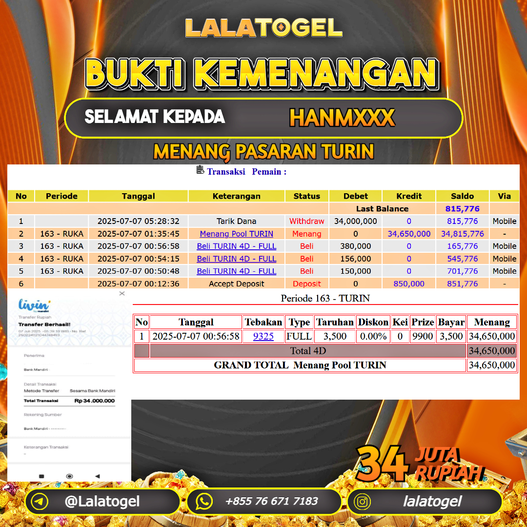 LALATOGEL JACKPOT TOGEL PASARAN TURIN Rp.34.000.000, - LUNAS USER ID : HANMXXX