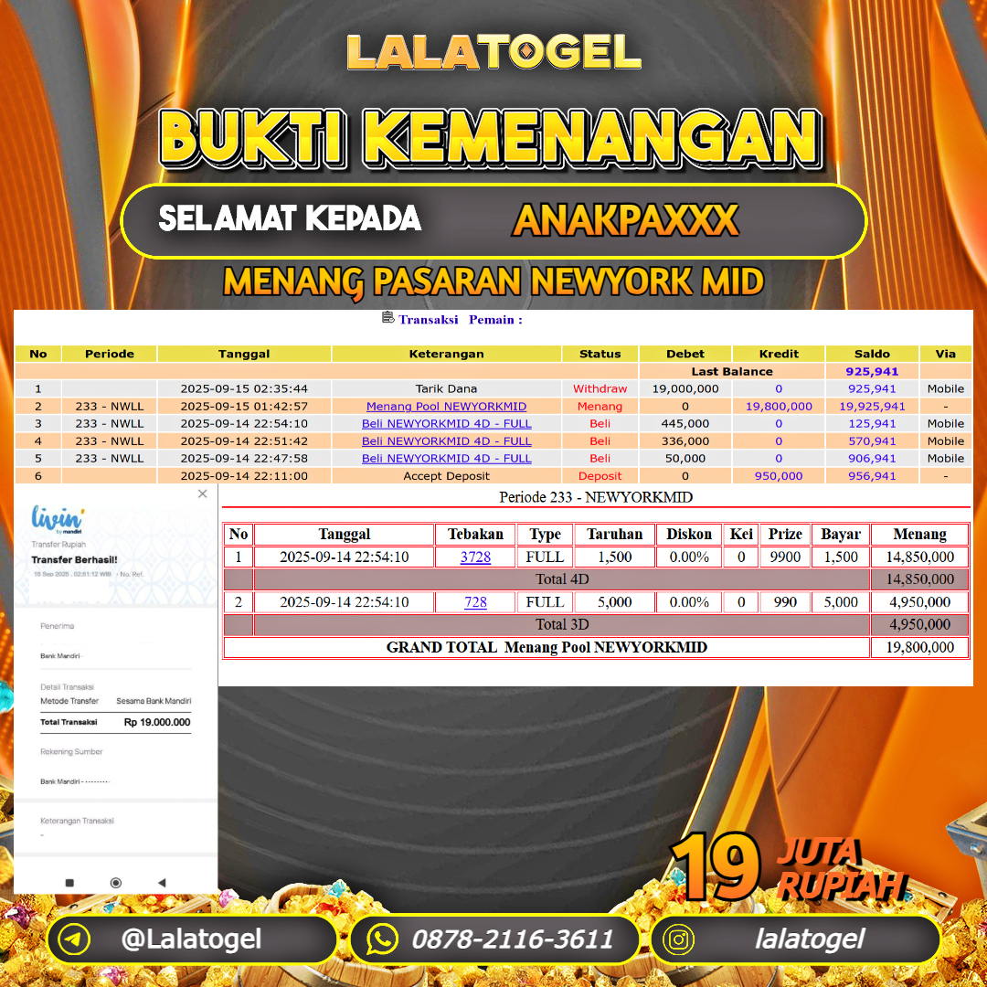 LALATOGEL JACKPOT TOGEL PASARAN NEWYORK MID Rp.19.000.000, - LUNAS USER ID :  ANAKPAXXX  