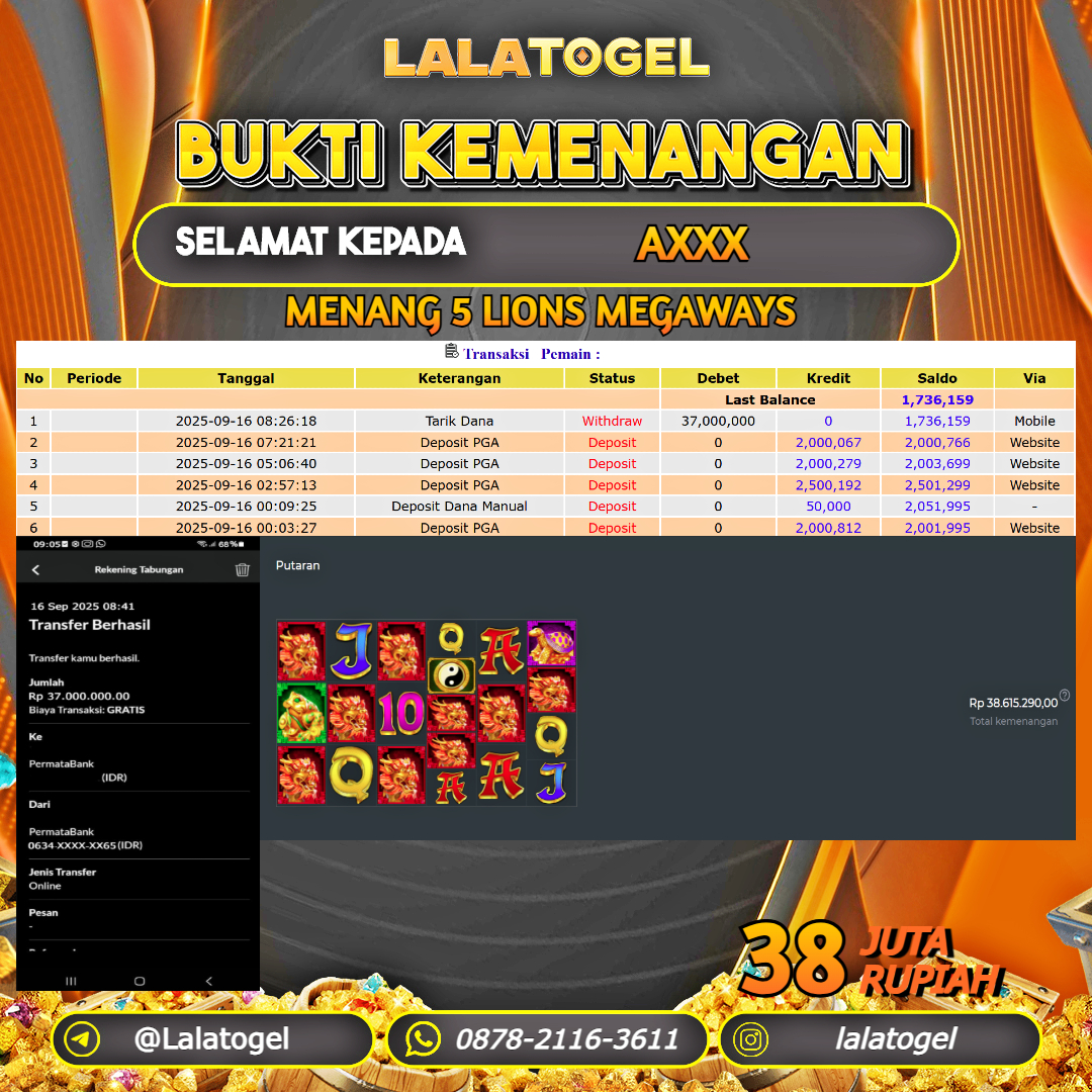 LALATOGEL JACKPOT SLOT 5 LIONS MEGAWAYS Rp.38.000.000, - LUNAS USER  ID : AXXX 