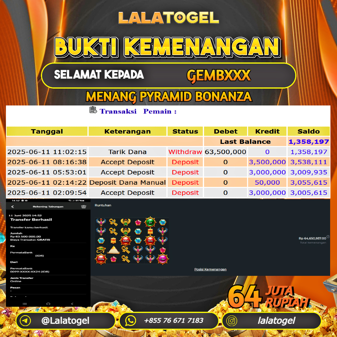 LALATOGEL JACKPOT SLOT PYRAMID BONANZA Rp.64.000.000, - LUNAS USER ID : GEMBXXX