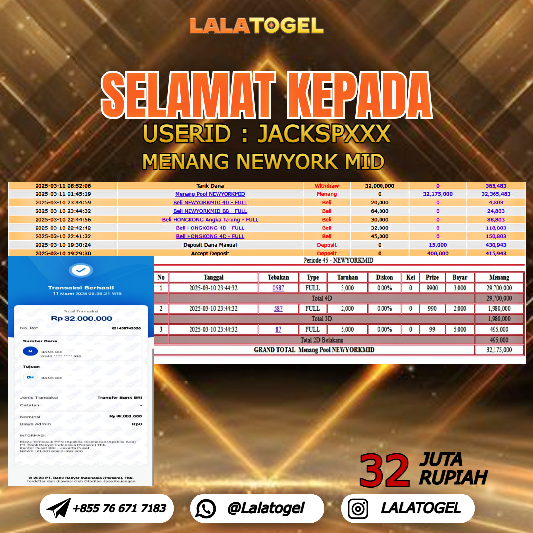 LALATOGEL JACKPOT TOGEL PASARAN NEWYORK MID  Rp.32.000.000,- LUNAS USER ID :  JACKSPXXX 