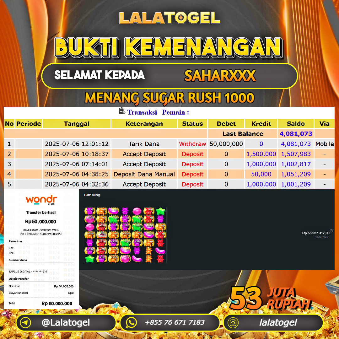 LALATOGEL JACKPOT SLOT SUGAR RUSH 1000 Rp.53.000.000, - LUNAS USER ID : SAHARXXX