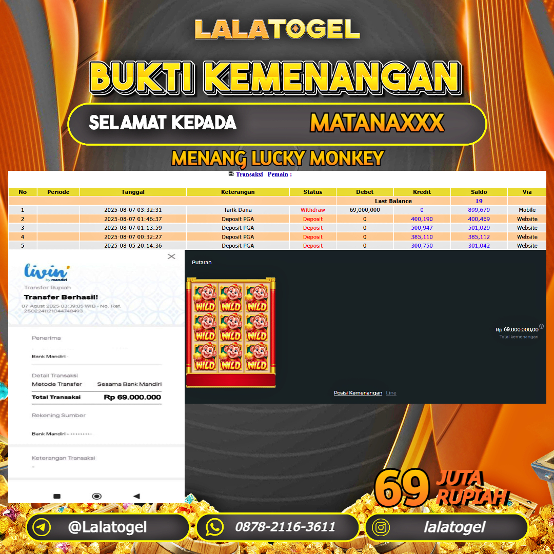 LALATOGEL JACKPOT SLOT LUCKY MONKEY Rp.69.000.000, - LUNAS USER ID : MATANAXXX