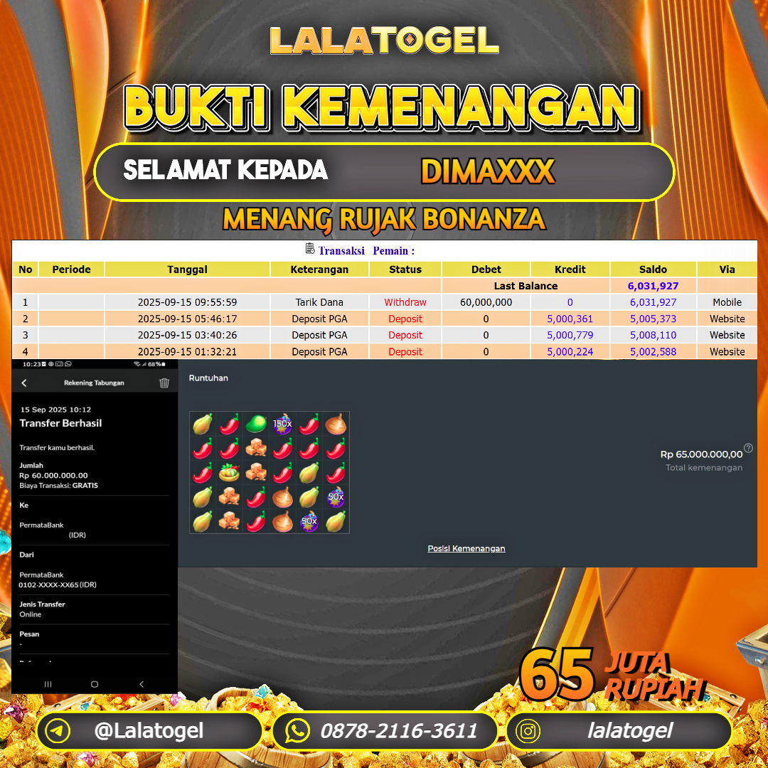 LALATOGEL JACKPOT SLOT RUJAK BONANZA Rp.65.000.000, - LUNAS USER  ID : DIMAXXX 