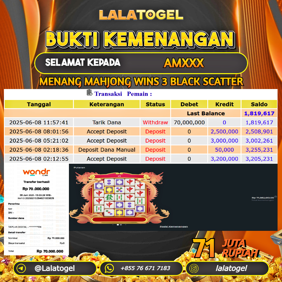 LALATOGEL JACKPOT SLOT MAHJONG WINS 3 BLACK SCATTER Rp.71.000.000, - LUNAS USER ID : AMXXX