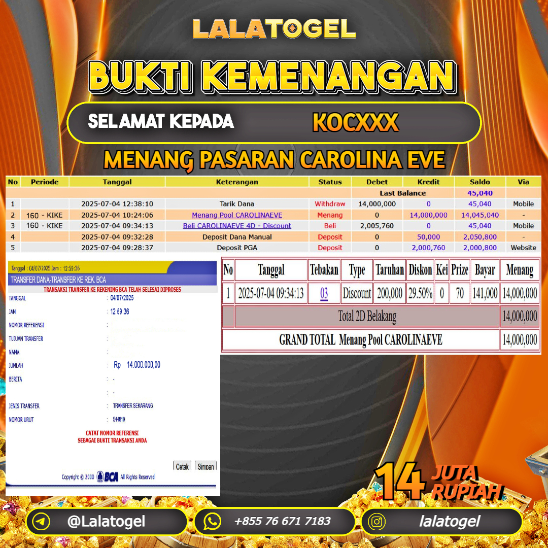 LALATOGEL JACKPOT TOGEL PASARAN CAROLINA EVE Rp.14.000.000, - LUNAS USER ID : KOCXXX