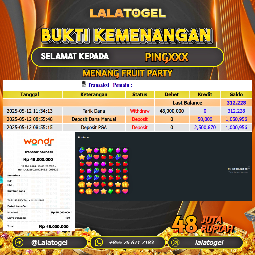 LALATOGEL JACKPOT SLOT FRUIT PARTY Rp.48.000.000, - LUNAS USER ID : PINGXXX