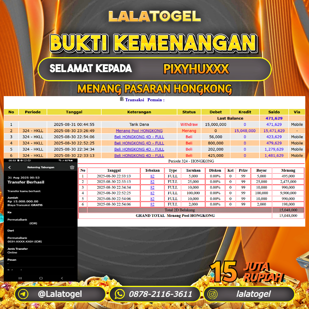 LALATOGEL JACKPOT TOGEL PASARAN HONGKONG Rp.15.000.000, - LUNAS USER ID : PIXYHUXXX