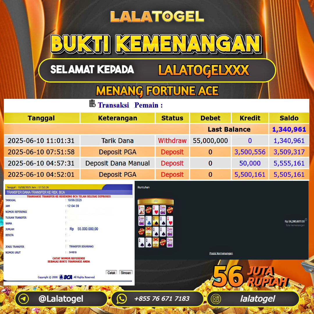LALATOGEL JACKPOT SLOT FORTUNE ACE Rp.56.000.000, - LUNAS USER ID : LALATOGELXXX