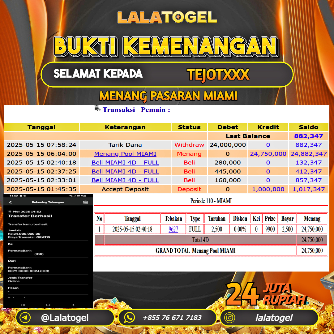 LALATOGEL JACKPOT TOGEL PASARAN MIAMI Rp.24.000.000, - LUNAS USER ID : TEJOTXXX