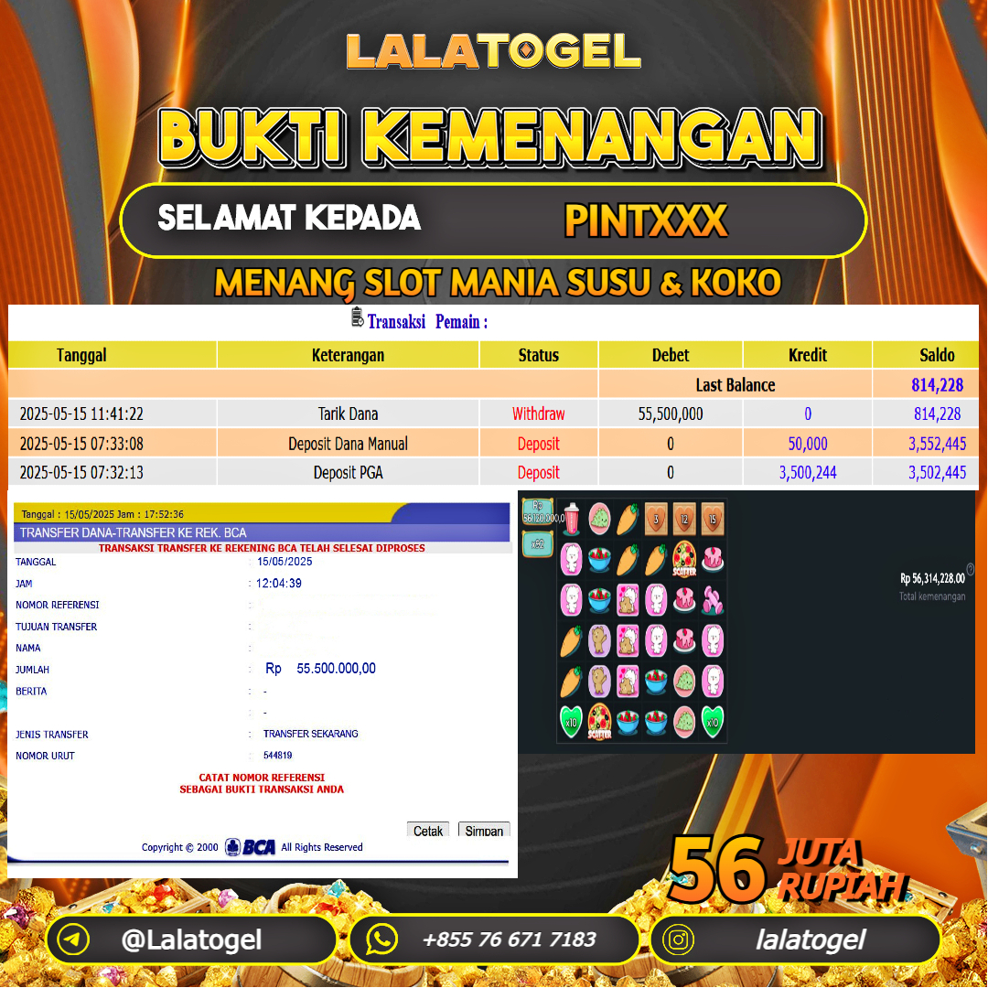 LALATOGEL JACKPOT SLOT SLOT MANIA SUSU & KOKO Rp.56.000.000, - LUNAS USER ID : PINTXXX