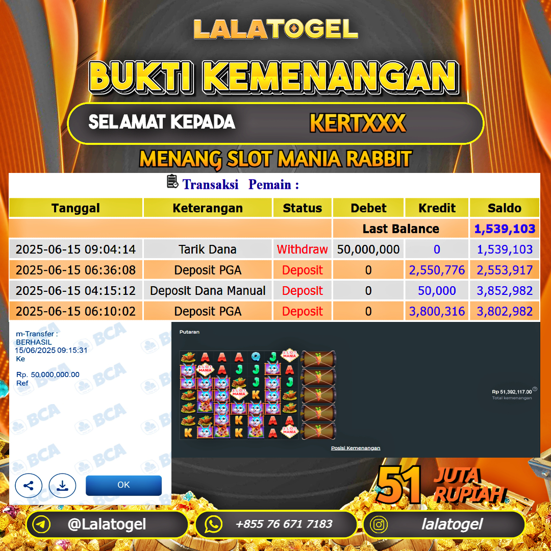 LALATOGEL JACKPOT SLOT MANIA RABBIT Rp.51.000.000, - LUNAS USER ID : KERTXXX
