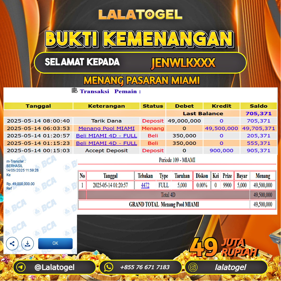 LALATOGEL JACKPOT TOGEL PASARAN MIAMI Rp.49.000.000, - LUNAS USER ID : JENWLKXXX