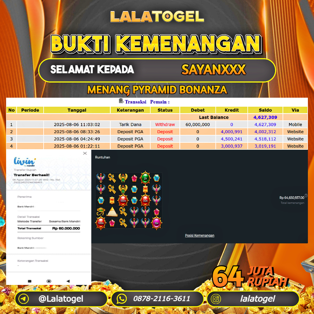 LALATOGEL JACKPOT SLOT PYRAMID BONANZA Rp.64.000.000, - LUNAS USER ID : SAYANXXX