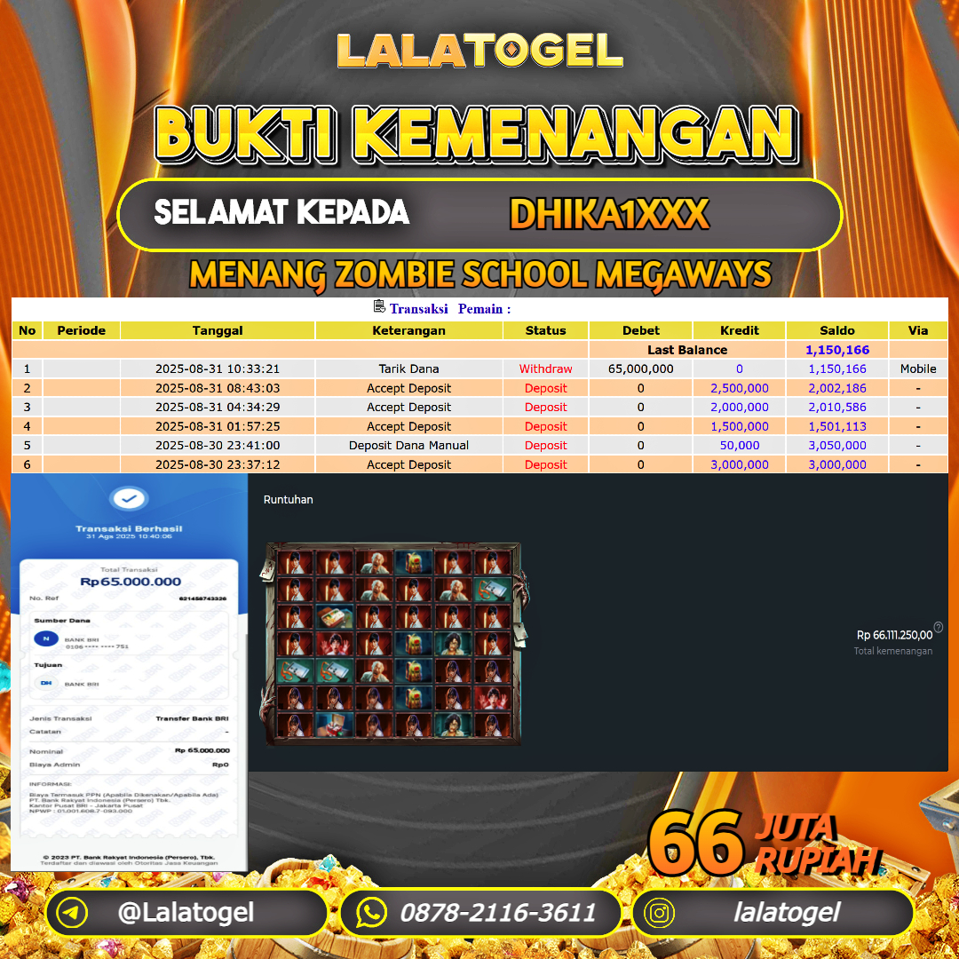 LALATOGEL JACKPOT SLOT ZOMBIE SCHOOL MEGAWAYS Rp.66.000.000, - LUNAS USER ID : DHIKA1XXX