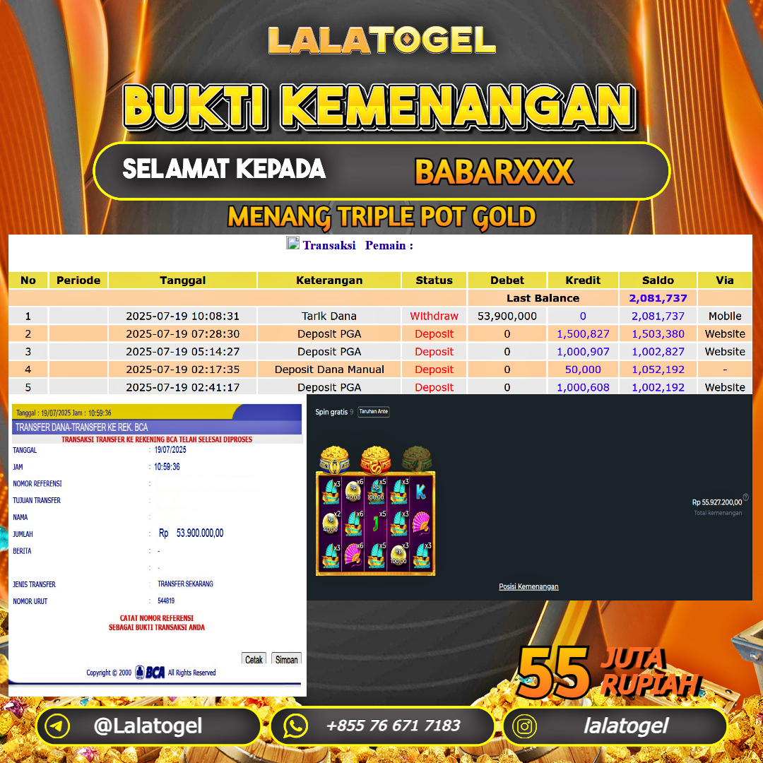 LALATOGEL JACKPOT SLOT TRIPLE POT GOLD Rp.55.000.000, - LUNAS USER ID : BARBARXXX