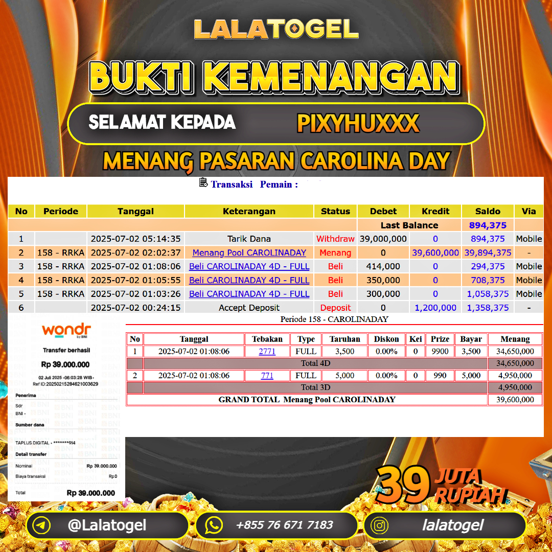 LALATOGEL JACKPOT TOGEL PASARAN CAROLINA DAY Rp.39.000.000, - LUNAS USER ID : PIXYHUXXX
