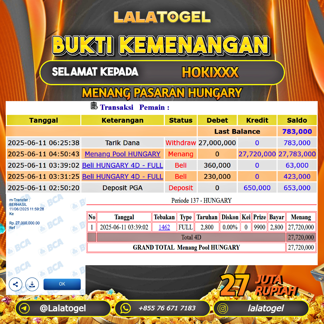 LALATOGEL JACKPOT TOGEL PASARAN HUNGARY Rp.27.000.000, - LUNAS USER ID : HOKIXXX