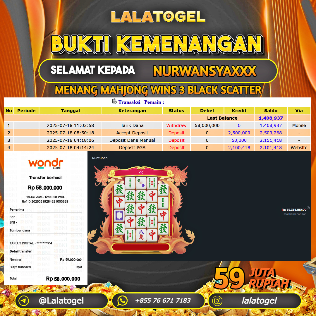 LALATOGEL JACKPOT SLOT MAHJONG WINS 3 BLACK SCATTER  Rp.59.000.000, - LUNAS USER  ID :  NURWANSYAXXX