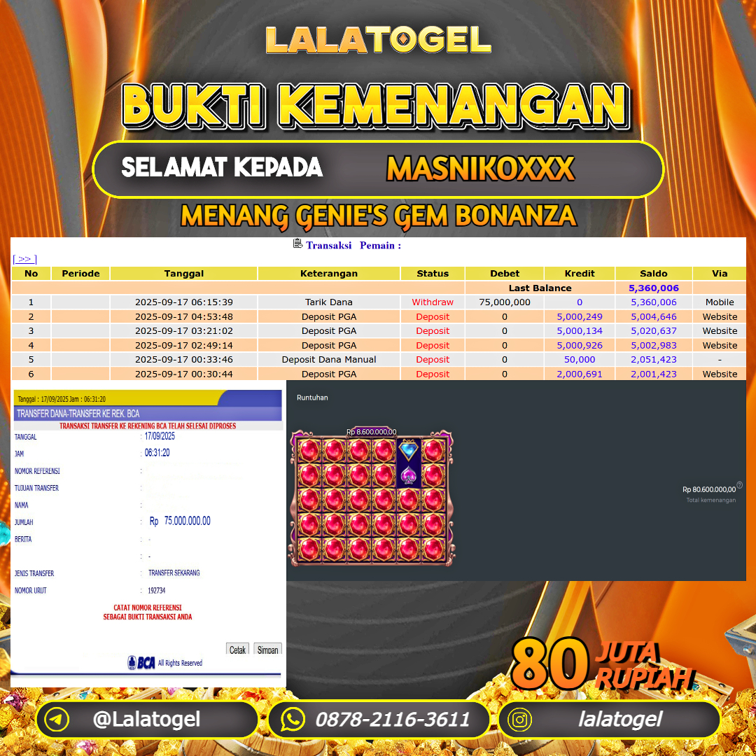 LALATOGEL JACKPOT SLOT GENIE'S GEM BONANZA Rp.80.000.000, - LUNAS USER  ID : MASNIKOXXX 