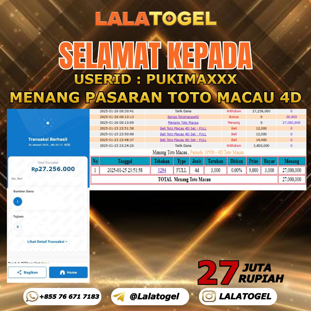 LALATOGEL JACKPOT TOGEL PASARAN TOTO MACAU Rp.27.000.000,- LUNAS USER ID : PUKIMA***