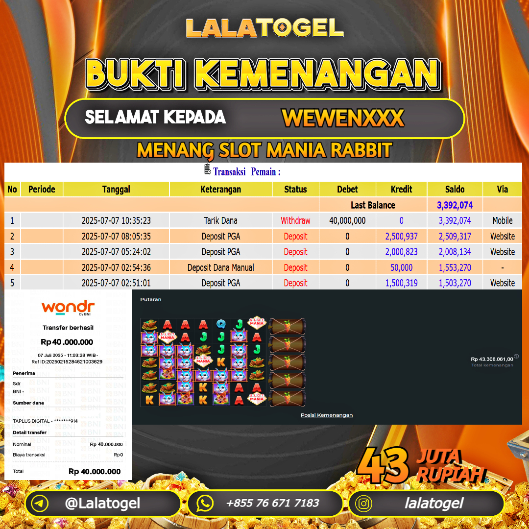 LALATOGEL JACKPOT SLOT SLOT MANIA RABBIT Rp.43.000.000, - LUNAS USER ID : WEWENXXX