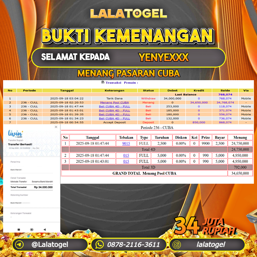 LALATOGEL JACKPOT TOGEL PASARAN CUBA Rp.34.000.000, - LUNAS USER ID :  YENYEXXX  