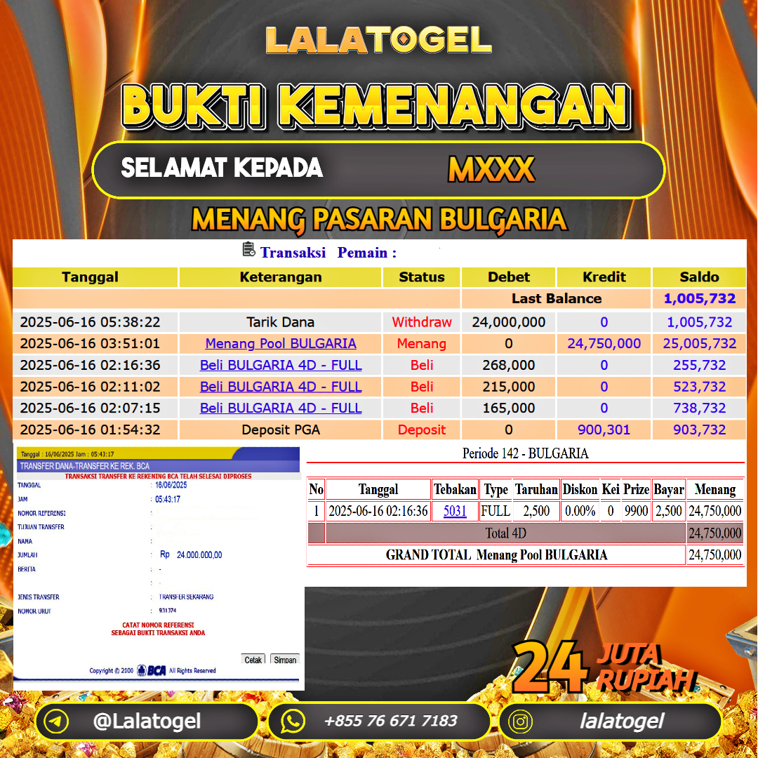 LALATOGEL JACKPOT TOGEL PASARAN BULGARIA Rp.24.000.000, - LUNAS USER ID : MXXX
